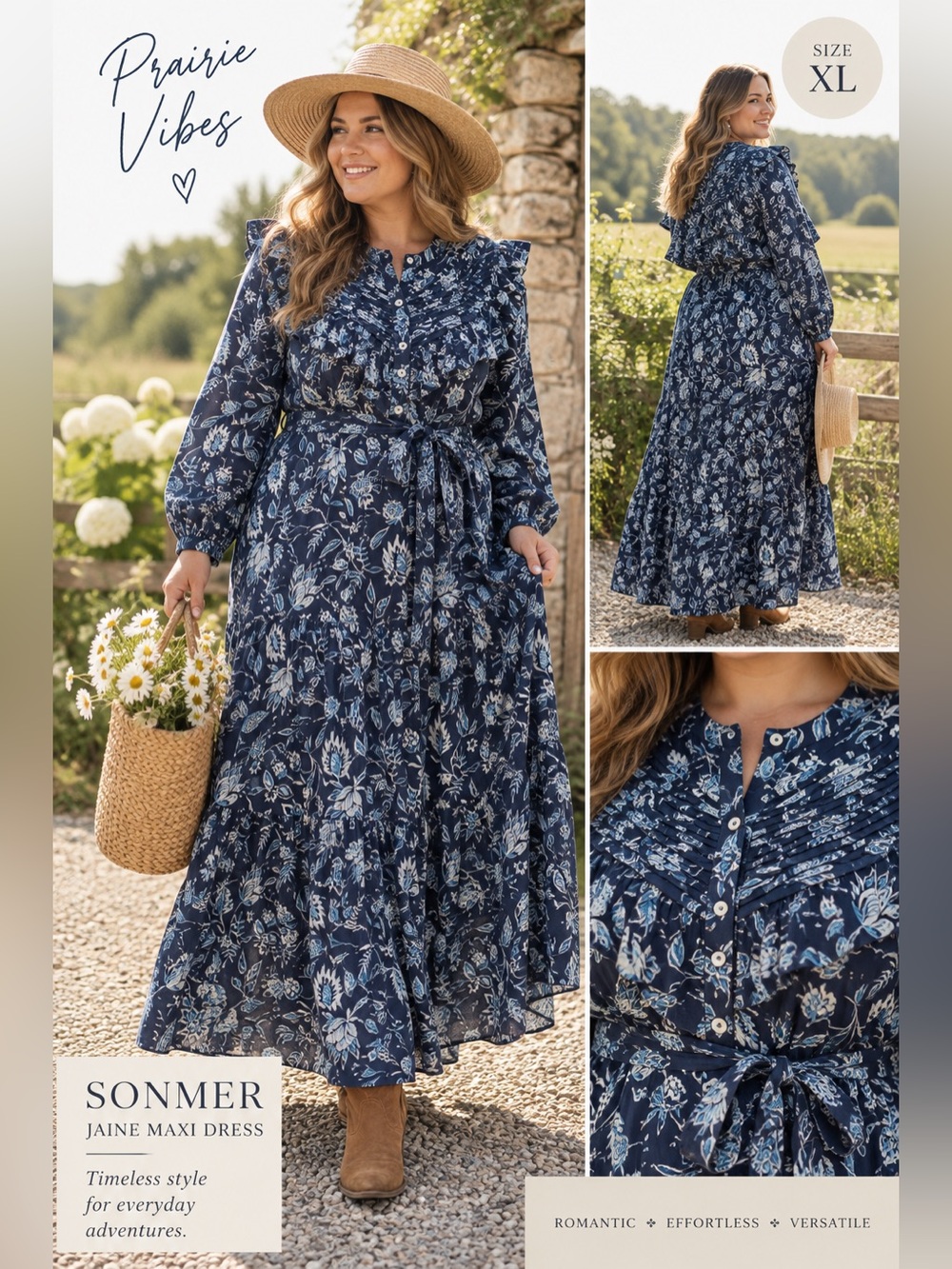 Sonmer Jane Maxi Dress XL NWT Navy Blue Floral Ruffle Boho Prairie